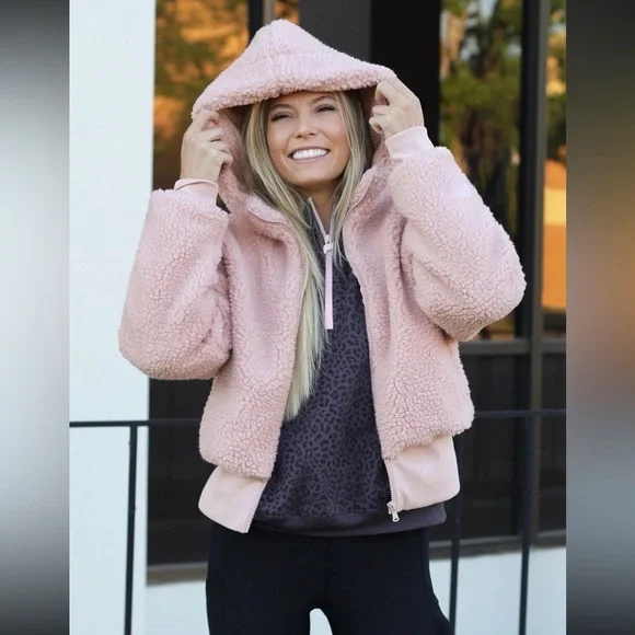 ๐ฉท Fabletics Summit Teddy Sherpa Hooded Jacket Coat Muted Mauve Pink XXL - Picture 4 of 12
